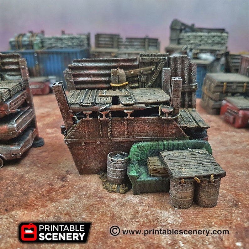 May include: A 3D printed model of a dilapidated building with a wooden platform, a green couch, and two barrels. The building is made of rusty metal and wood, and the platform is supported by metal beams. The couch is covered in green fabric and has a wooden frame. The barrels are made of wood and have metal bands around them. The model is painted in a realistic style and is suitable for use in tabletop games or as a decorative piece.