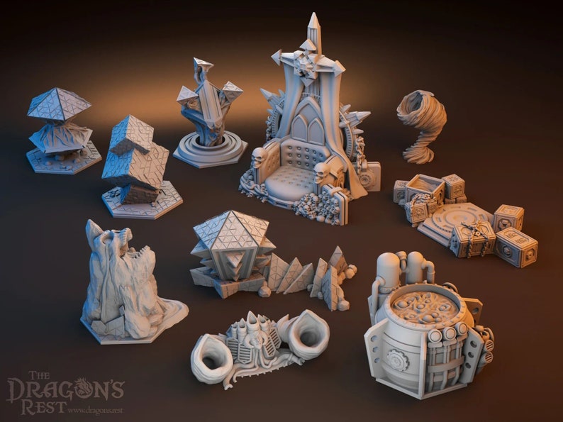 May include: A collection of 3D printed miniature dungeon and fantasy game pieces, including a throne, a swirling vortex, a skull-covered altar, and a variety of geometric structures.