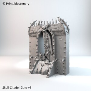 May include: A 3D printed model of a skull-themed gate, featuring a skull-shaped archway and a door with a skull design. The gate is made of a gray material and has a rough, textured surface. The gate is a great addition to any fantasy or horror themed tabletop game.