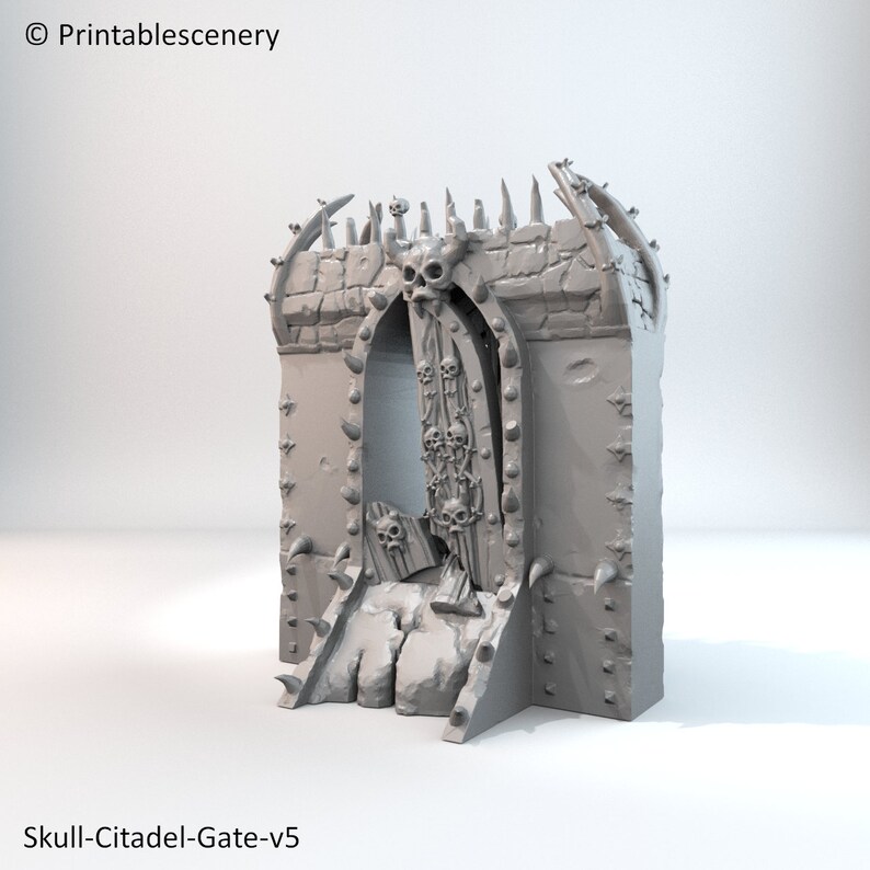 May include: A 3D printed model of a skull-themed gate, featuring a skull-shaped archway and a door with a skull design. The gate is made of a gray material and has a rough, textured surface. The gate is a great addition to any fantasy or horror themed tabletop game.