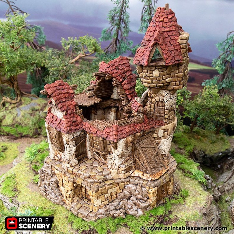 May include: A detailed miniature model of a ruined stone tower with a red tiled roof. The tower has a small window and a wooden door. The model is set on a base of green moss and rocks.