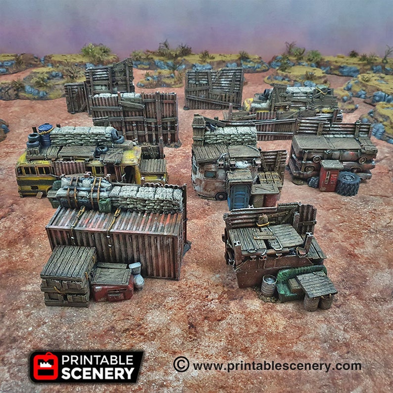 May include: A collection of 3D printed, painted, and weathered miniature buildings and walls, perfect for a post-apocalyptic or dystopian tabletop game or diorama. The buildings are made from various materials, including wood, metal, and concrete, and feature details like windows, doors, and graffiti.