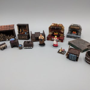 May include: A collection of miniature wooden furniture and figures for tabletop gaming. The set includes a fireplace, a bar, a woodpile, a table, a stool, a tub, and two figures. The figures are a man and a woman, both wearing medieval clothing.