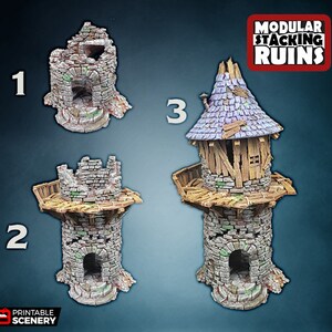 Puede incluir: Tres piezas de torre en ruinas modulares, apilables e impresas en 3D para juegos de mesa. Las torres est&aacute;n hechas de piedra y madera con una variedad de texturas y colores. Las torres est&aacute;n etiquetadas con 1, 2 y 3. El texto "Modular Stacking Ruins" est&aacute; en la esquina superior derecha de la imagen.