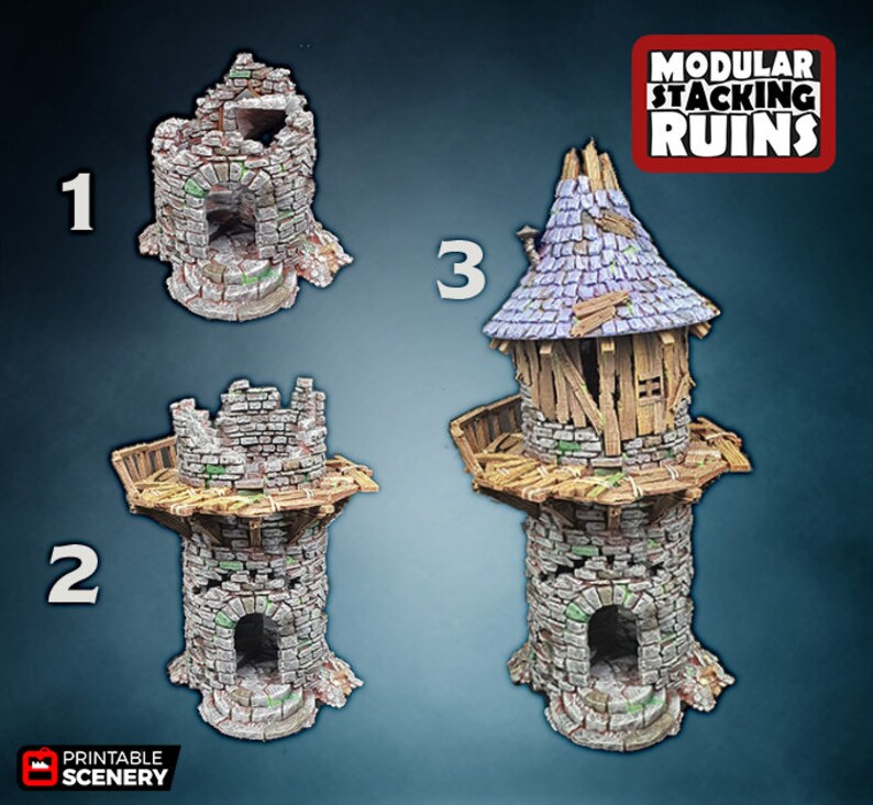 Puede incluir: Tres piezas de torre en ruinas modulares, apilables e impresas en 3D para juegos de mesa. Las torres est&aacute;n hechas de piedra y madera con una variedad de texturas y colores. Las torres est&aacute;n etiquetadas con 1, 2 y 3. El texto "Modular Stacking Ruins" est&aacute; en la esquina superior derecha de la imagen.