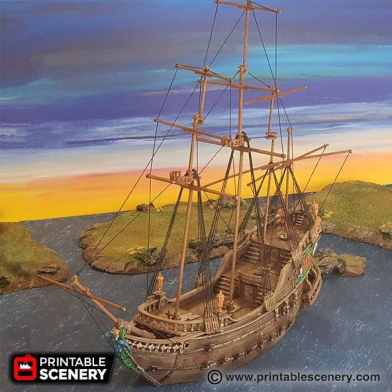 May include: A detailed model of a wooden pirate ship with sails and rigging. The ship is docked in a small inlet with green grassy islands on either side. The sky is a vibrant orange and blue sunset.