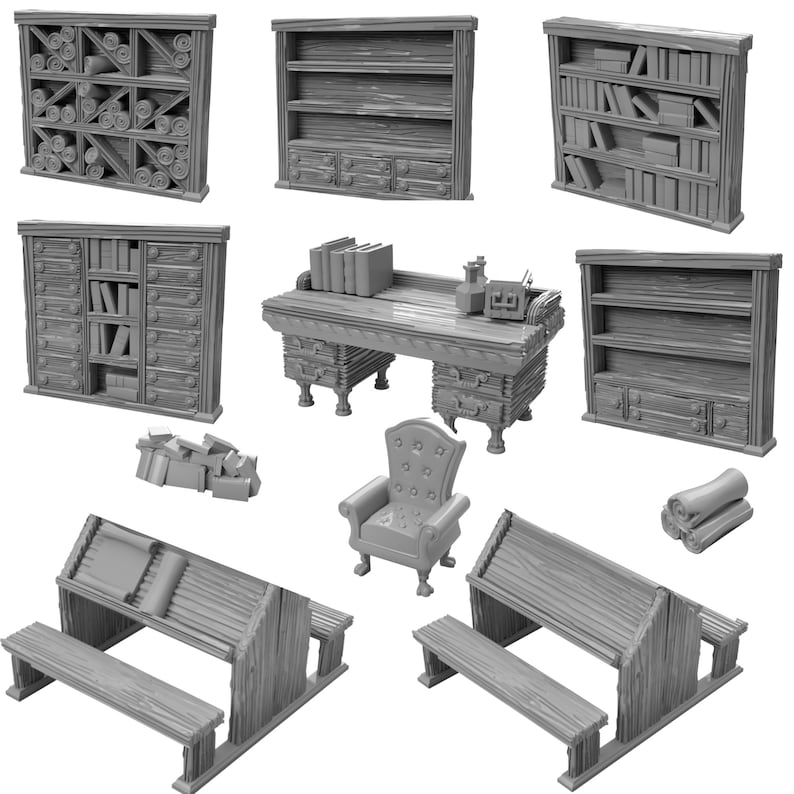 Pu&ograve; includere: Un set di mobili in legno per un gioco da tavolo in miniatura o una casa delle bambole. Il set comprende una scrivania, una sedia, una libreria e panche. I mobili sono dipinti di colore grigio chiaro.