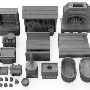 May include: A set of 18 grey miniature wooden structures, including a fireplace, a woodpile, a table, a tub, and a variety of other pieces. These miniature structures are perfect for tabletop gaming or model building.