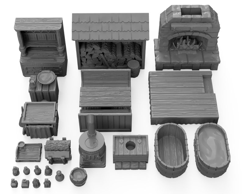 May include: A set of 18 grey miniature wooden structures, including a fireplace, a woodpile, a table, a tub, and a variety of other pieces. These miniature structures are perfect for tabletop gaming or model building.