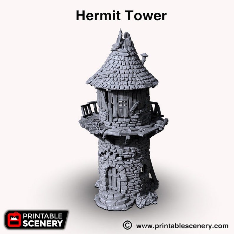 Puede incluir: Una torre de piedra gris con una puerta de madera y un techo de paja. La torre tiene un peque&ntilde;o balc&oacute;n y una escalera que conduce al techo. La torre es un modelo impreso en 3D.