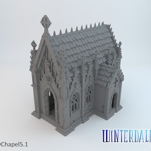 May include: A gray 3D printed model of a gothic chapel with a detailed roof, windows, and a cross on top. The model is labeled "WDCchapel5.1" and "WINTERDALE 2".