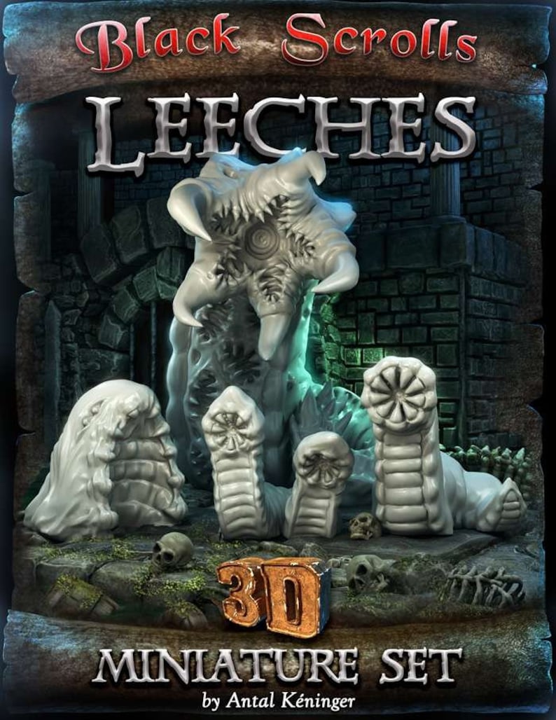 May include: A 3D printed miniature set of four leeches, featuring a large, detailed leech with a gaping maw and three smaller leeches. The set is labeled "Black Scrolls Leeches 3D Miniature Set by Antal K&eacute;ninger".