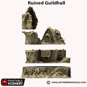 May include: A 3D printed model of a ruined guildhall, broken into four sections. The model is made of a light brown plastic and features a stone wall, a tower, and a roof. The model is designed for tabletop gaming.