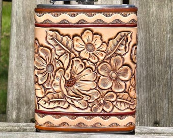 Hand Tooled Leather Covered Flask