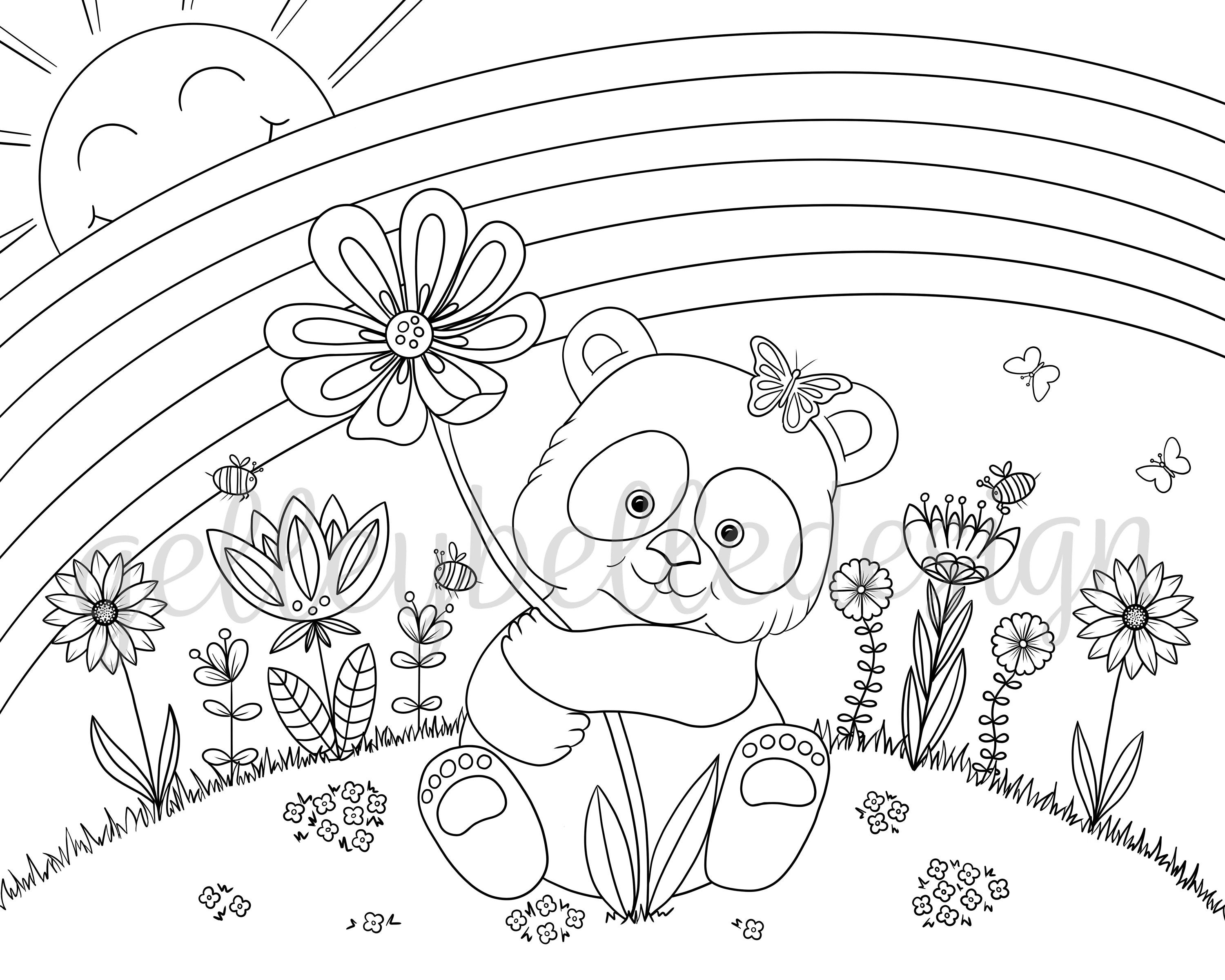 Panda and Flowers Coloring Page Instant Download - Etsy