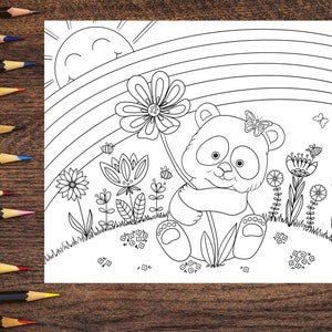 Panda y Flores Dibujo para Colorear Descarga Instantánea