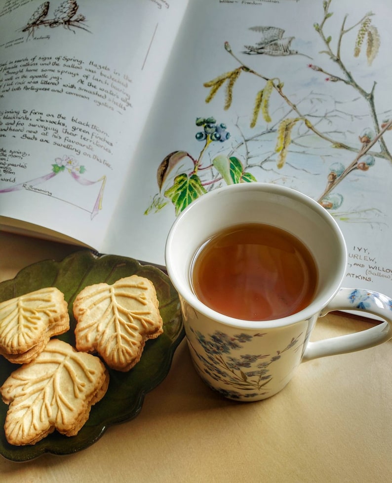 May include: A cup of tea with a floral design sits next to leaf-shaped cookies on a green plate. An open book with botanical illustrations and handwritten notes is in the background, creating a cozy, nature-inspired scene.