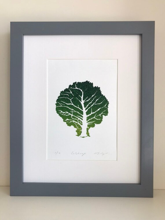 Cabbage Leaf Linocut Print-Garden Print-Wall Art-Botanical Print-Home Decor Gift-Gardener’s Gift-Handmade Linoprint-Limited Edition