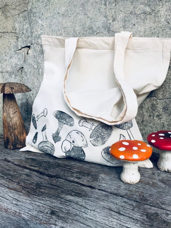 Mushroom Linocut Print-Fungi Tote Bag-Nature Print Bag-Mushroom Shopping Bag-Foraging Gift-Handprinted Bag