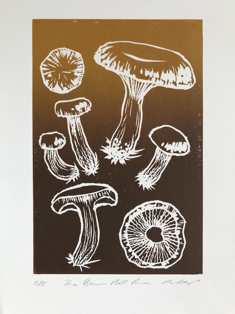 Mushroom Lino Print-Fungi Art-Nature Art-Wall Decor-Wildlife Art-Forager\u2019s Gift-Handmade Lino print