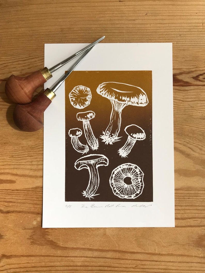 Mushroom Lino Print-Fungi Art-Nature Art-Wall Decor-Wildlife Art-Forager\u2019s Gift-Handmade Lino print