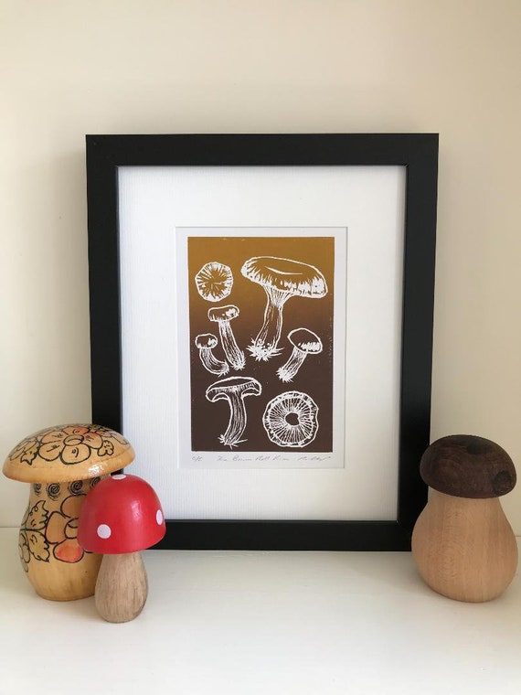 Mushroom Linocut Print-Fungi Nature Art-Wall Art-Wildlife Art-Forager’s Gift-Handmade Linoprint
