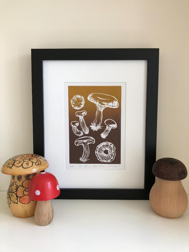 Mushroom Lino Print-Fungi Art-Nature Art-Wall Decor-Wildlife Art-Forager\u2019s Gift-Handmade Lino print