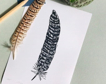 Feather Linocut Print-Pheasant Feather print-Nature Art-Wall Decor-Wildlife Print-Handmade lino print