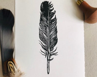 Feather Linocut Print-Feather print-Nature Art-Wall Decor-Wildlife Print-Handmade lino print
