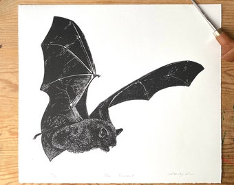 May include: Black and white linocut print of a bat in flight. The bat is depicted with its wings spread wide, and its body is facing the viewer. The print is titled "The Barred".