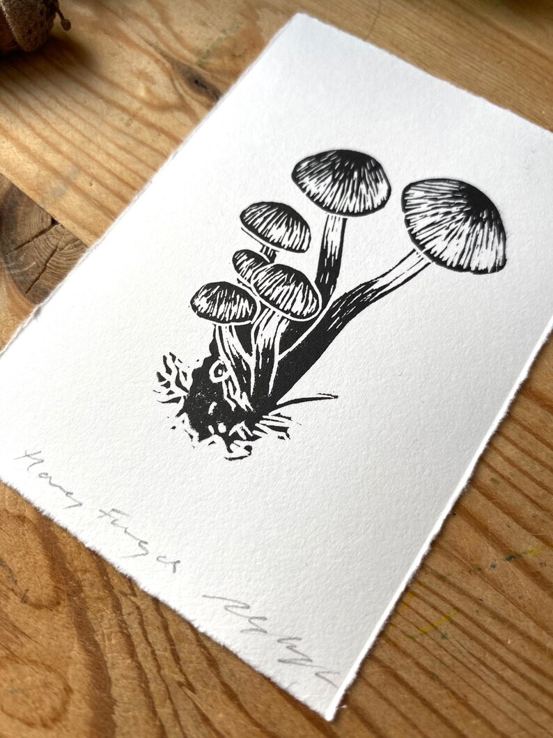 May include: A black and white linocut print of honey fungus mushrooms. The print features six mushrooms with detailed caps and stems, set against a white background. The words "Honey Fungus" and an artist's signature are visible in the lower left corner.