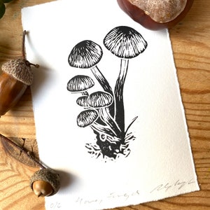 May include: Black and white linocut print of mushrooms on textured white paper. The print features several mushrooms with detailed caps and stems. The artwork is signed and numbered. Acorns and a chestnut are in the background.