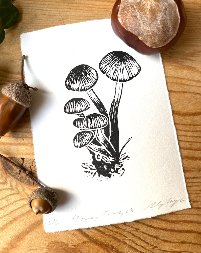May include: Black and white linocut print of mushrooms on textured white paper. The print features several mushrooms with detailed caps and stems. The artwork is signed and numbered. Acorns and a chestnut are in the background.