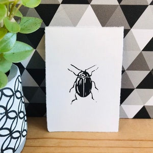 May include: A black and white illustration of a beetle printed on a white card.