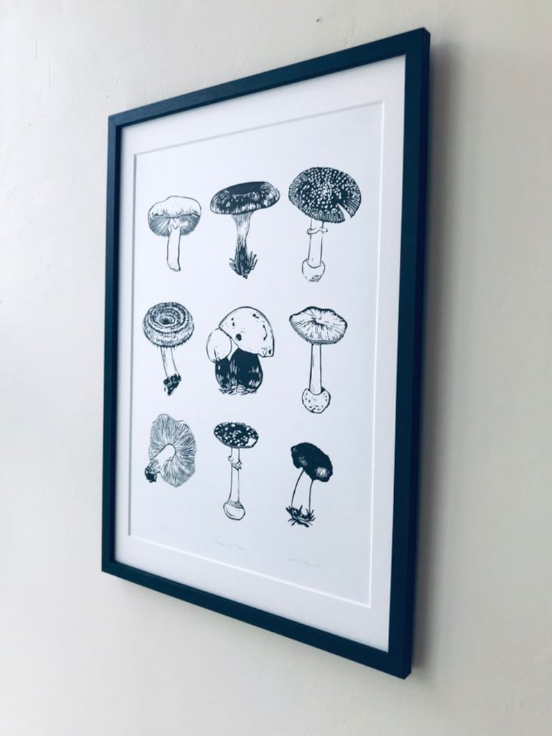 May include: A black and white framed print of a mushroom illustration. The print features nine different types of mushrooms with detailed drawings of their caps and stems.