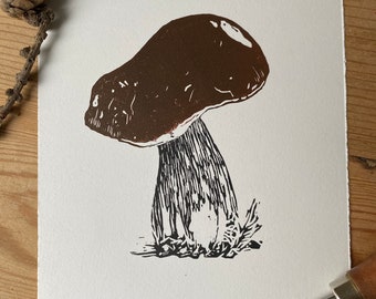 Mushroom Lino Print-Fungi Print- Boletus edulis Mushroom Linocut-Nature Print-Wall Decor-Wildlife Art-Forager’s Gift-Handmade Lino print