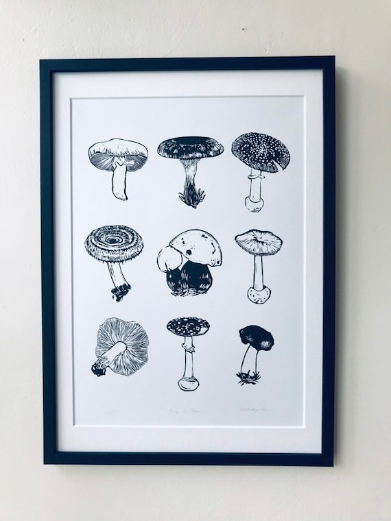 Mushrooms Linocut Print-Fungi Nature Art-Wall Art-Wildlife Art-Forager’s Gift-Handmade Linoprint