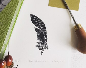 Feather Linocut Print-Feather print-Nature Art-Wall Decor-Wildlife Print-Handmade lino print