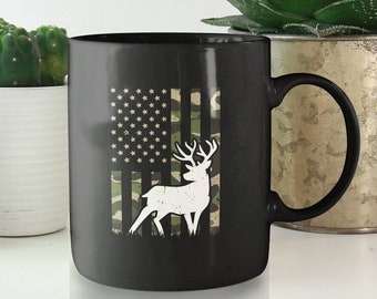 Camo Deer Silhouette Black Coffee Mug: Hunting Gift