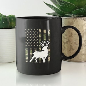 Camo Deer Silhouette Black Coffee Mug: Hunting Gift