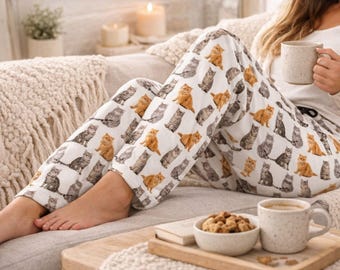 Kattpyjamasbyxor | Kattmammapyjamas | Kattälskarepresent | Loungebyxor för kvinnor