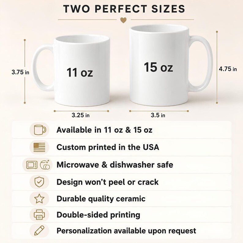 Size guide comparing white ceramic 11 oz and 15 oz mugs with dimensions and details including dishwasher and microwave safety, double-sided printing, and personalization.