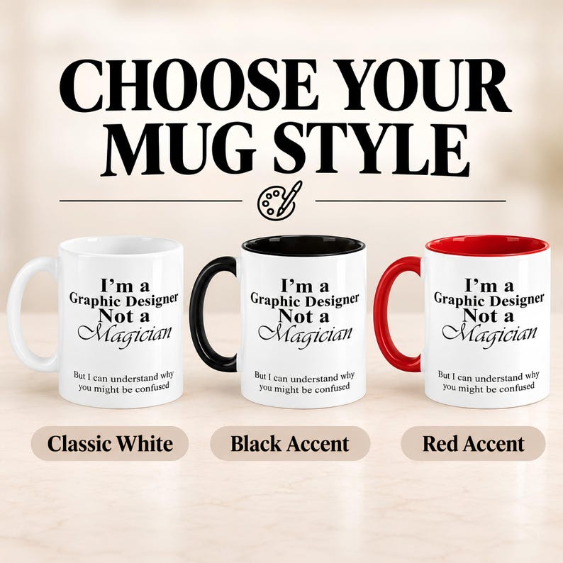 Three graphic designer mugs shown side by side in classic white, black accent, and red accent styles with the same design on each mug.