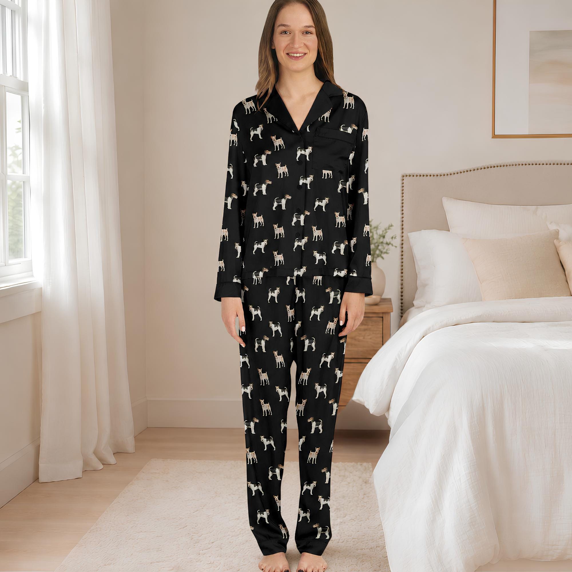 Fox Terrier Pajama Set, Satin Dog Print Pajamas, Women's & Men's Sleepwear