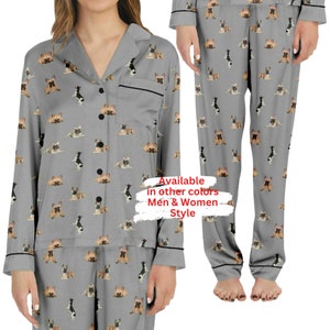 May include: Grey pyjamas with a repeating pattern of French Bulldogs. The pyjamas are available in other colours and in both men's and women's styles.
