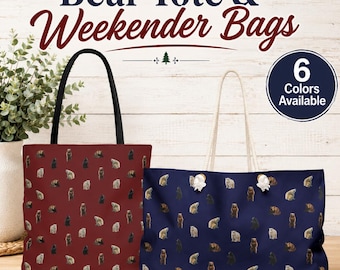 Bear Tote or Weekender Bag, Polar, Black and Brown Bear Print, 6 Colors