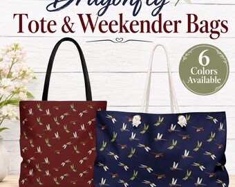 Dragonfly Tote or Weekender Bag, All-Over Nature Print, 6 Colors