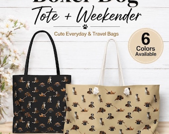 Boxer Dog Tote or Weekender Bag, All-Over Boxer Print, 6 Colors