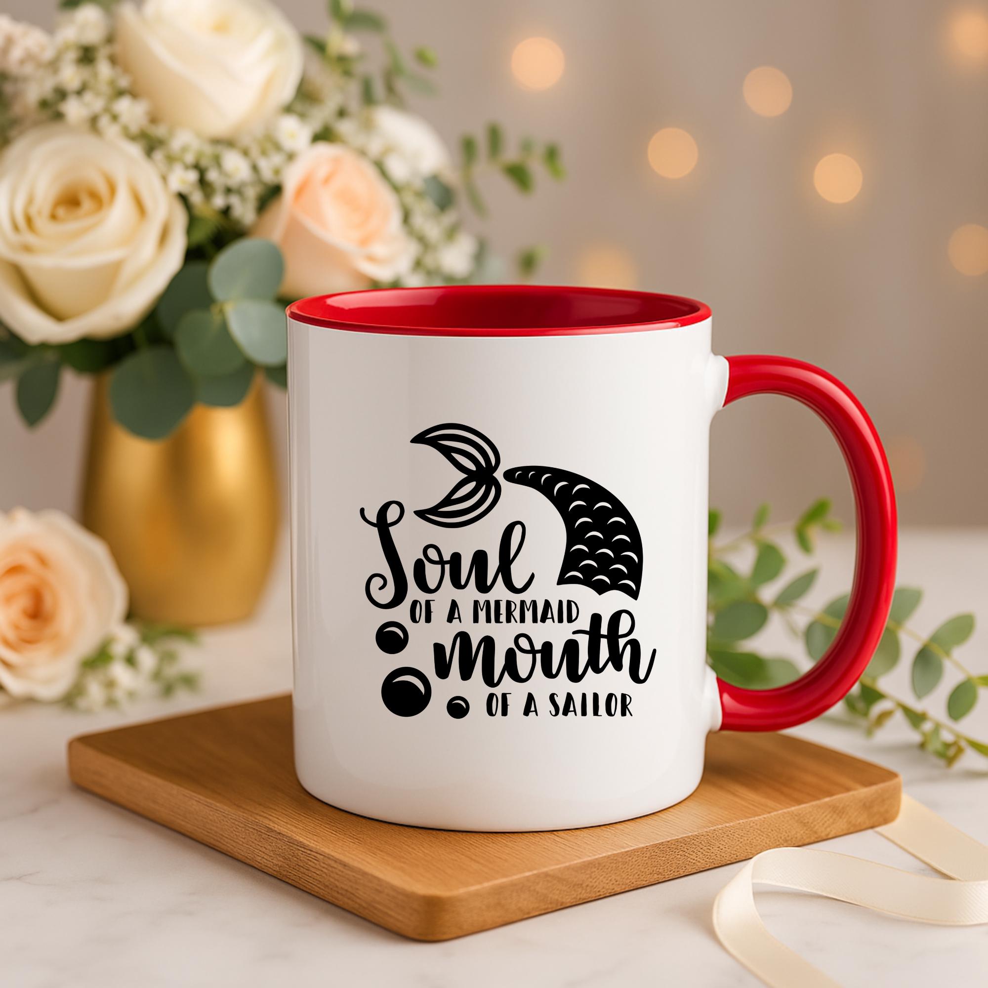 Funny Mermaid Coffee Mug – Soul of a Mermaid Mouth of a Sailor, Ocean Lover Gift, Nautical Humor Mug, Sea Life Accent Cup