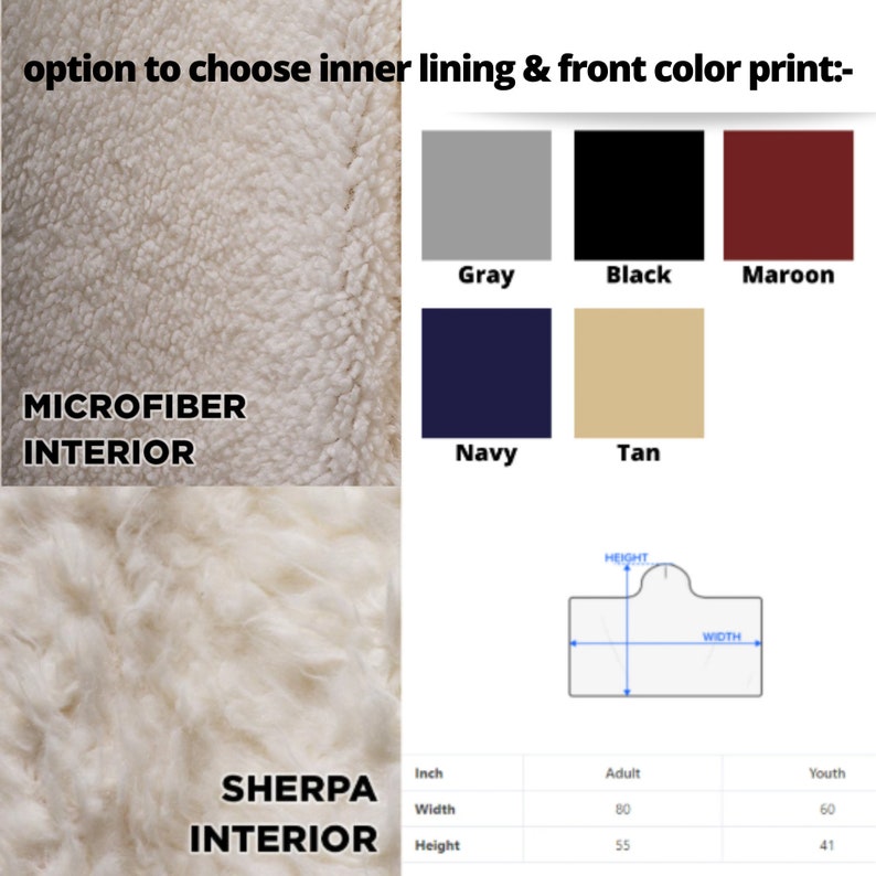 May include: A chart showing the different interior lining options for a hooded blanket. The options are microfiber and sherpa. The chart also shows the different color options for the front of the blanket. The color options are gray, black, maroon, navy, and tan. The chart also shows the dimensions of the blanket in inches for both adult and youth sizes.